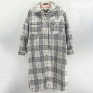 Anthropologie If By Sea Bobbie Grey Plaid Longline Oversized Shirt Jacket NWOT